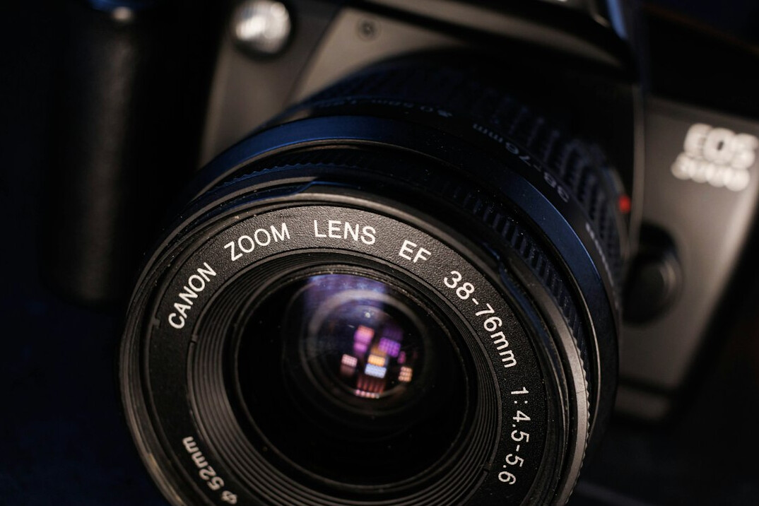 Professional camera with a large lens close up
